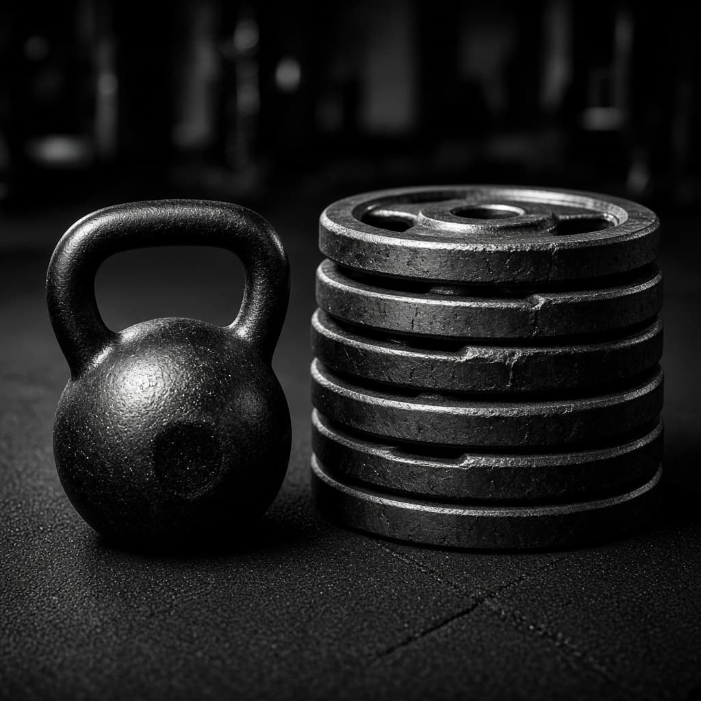 Kettlebell a kotouče na cvičení v tělocvičně